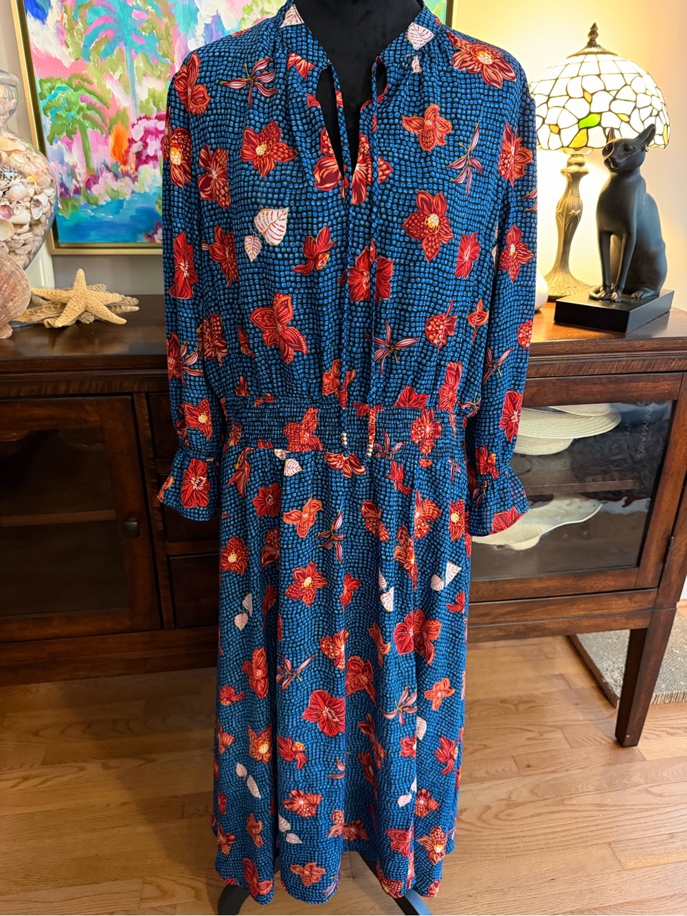 Philosophy republic clothing blue red midi smocked waist 3/4 sleeve dress XL